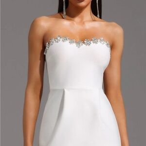Elegant White Strapless Dress with Silver Accents